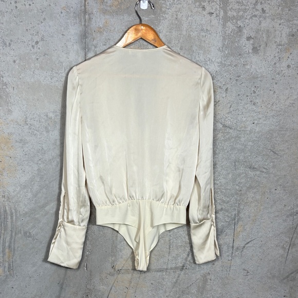 Favorite Daughter Surplice Long Sleeve Satin Bodysuit In Champagne. - Picture 5 of 11